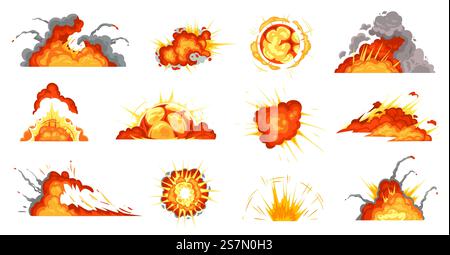 Cartoon explosions. Exploding bomb, fire cloud and explosion burst. Mobile game damage sign, comic bomb explode blast or dynamite storyboard. Isolated vector illustration icons set. Cartoon explosions. Exploding bomb, fire cloud and explosion burst vector illustration set Stock Vector