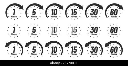 Minutes time icon. Analog clock Icons, 1 5 10 15 30 60 minute clocks and minutes ago. Work deadline arrow, delivery fast measuring clock or watch interface. Isolated sign vector set. Minutes time icon. Analog clock Icons, 1 5 10 15 30 60 minute clocks and minutes ago sign vector set Stock Vector