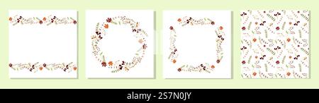 Set of cute postcards with beautiful delicate flowers. Round, rectangular flower frames and seamless pattern. A set of celebration cards for birthday, Stock Vector