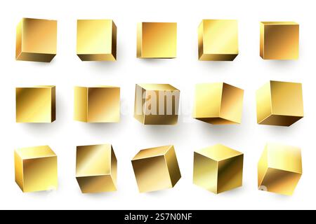 Gold metal cube. Realistic geometric 3D square shape, golden metallic cubes and shiny yellow shapes. Geometry foil boxes, gradient cube figures. Isolated vector illustration icons set. Gold metal cube. Realistic geometric 3D square shape, golden metallic cubes and shiny yellow shapes vector illustration set Stock Vector