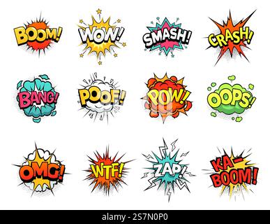 Cartoon comic sign burst clouds. Speech bubble, boom sign expression and pop art text frames. Comics mem expressions speech, superhero book bubbles label. Isolated vector symbols set. Cartoon comic sign burst clouds. Speech bubble, boom sign expression and pop art text frames vector set Stock Vector