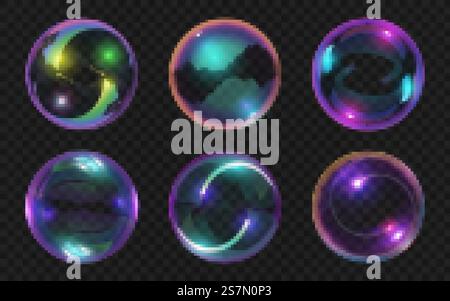 Realistic transparent soap bubbles with shiny abstract reflections. Magic glass balls glossy effect. Water colorful foam bubble vector set. Beautiful flying transparent balloons isolated Stock Vector