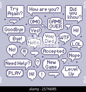 Pixel speech bubbles. Video game talk balloon, retro 8 bit speech bubble and computer games speak. Videogames pixel quotation speech talking. Vector illustration isolated symbols set. Pixel speech bubbles. Video game talk balloon, retro 8 bit speech bubble and computer games speak vector illustration set Stock Vector