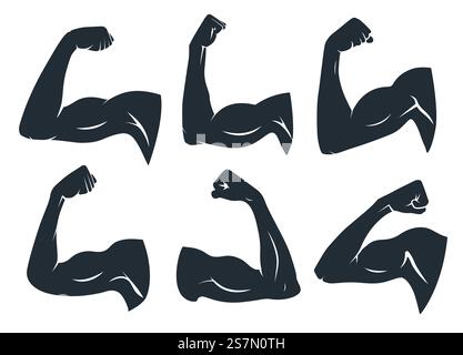 Hand muscle silhouette. Strong arm muscles, hard biceps and power gym. Armpits muscle fitness logo, body builder guy bicep or strength arms powers badge. Isolated vector stencil icons set. Hand muscle silhouette. Strong arm muscles, hard biceps and power gym vector stencil icons set Stock Vector