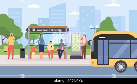 Flat people waiting at city public bus stop. Passengers sitting and standing at station, bus arriving. Urban travel transport vector concept. Woman searching route on map, transport Stock Vector
