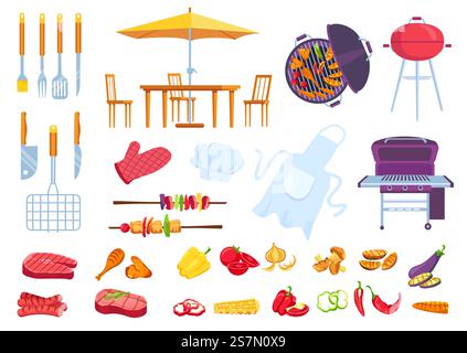 Bbq picnic food. Barbecue cooking steak, meat, fish and chicken. Cook apron, spatula, fork and knife. Cartoon summer grill party vector set. Outdoor table with chairs and big umbrella. Bbq picnic food. Barbecue cooking steak, meat, fish and chicken. Cook apron, spatula, fork and knife. Cartoon summer grill party vector set Stock Vector