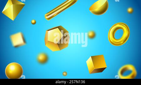 Golden abstract 3D geometric shapes. Shiny gold objects, realistic golden figures and abstraction. Gold realistic geometry forms banner, geometrical background vector illustration. Golden abstract 3D geometric shapes. Shiny gold objects, realistic golden figures and abstraction background vector illustration Stock Vector