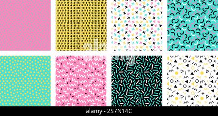 Colorful memphis seamless patterns. Fashion 80s mosaic texture, color retro textures and geometric lines and dots pattern. 90s hipster memphis wallpaper. Isolated vector icons set. Colorful memphis seamless patterns. Fashion 80s mosaic texture, color retro textures and geometric lines and dots pattern vector set Stock Vector