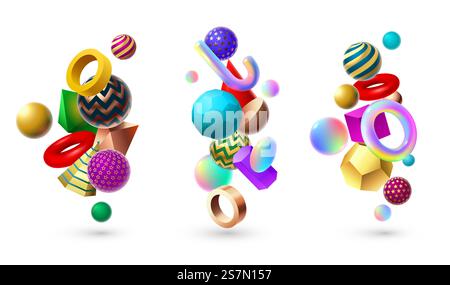 Abstract 3D shape composition. Memphis geometric basic shapes, cube and spheres geometry. Gradient forms composition, multicolored geometrical figures. Isolated vector illustration icons set. Abstract 3D shape composition. Memphis geometric basic shapes, cube and spheres geometry vector illustration set Stock Vector