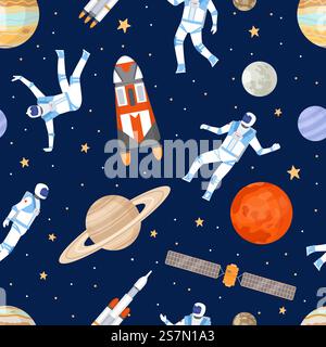 Outer space seamless pattern. Print with dancing astronaut, spaceships, satellite, stars and planets. Cosmic adventure flat vector texture. Illustration galaxy and cosmos, wallpaper cosmic. Outer space seamless pattern. Print with dancing astronaut, spaceships, satellite, stars and planets. Cosmic adventure flat vector texture Stock Vector