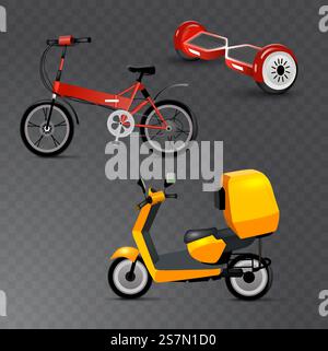 Realistic youth city transport set on transparent background. Bicycle, gyroscooter and bike. Modern alternative city transport. Ecological teenager transport, isolated icon. Vector. Realistic youth city transport set on transparent background. Bicycle, gyroscooter and bike. Modern alternative city transport. Ecological teenager transport, isolated icon. Stock Vector