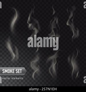 collection of different realistic high detailed smokes from hot food or drink isolated on transparent background. Set of high detailed smokes from hot food or drink isolated on transparent background Stock Vector