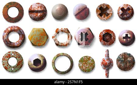 Realistic old rusty screw and bolt heads top view. Metal round and hexagon shaped nuts, nails and rivets with grunge rust texture vector set. Illustration of stainless tool, rusty old metal hardware. Realistic old rusty screw and bolt heads top view. Metal round and hexagon shaped nuts, nails and rivets with grunge rust texture vector set Stock Vector