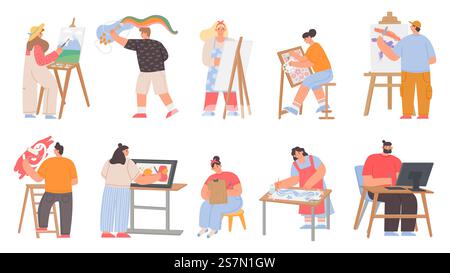 Art painters, digital artists and graphic designer characters. Men and women draw painting on canvas easel. Creative job or hobby vector set. Illustration of graphic painter and digital artist. Art painters, digital artists and graphic designer characters. Men and women draw painting on canvas easel. Creative job or hobby vector set Stock Vector