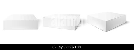 White packaging box. Blank mockup, package cube perspective view and consumer product boxes mockups. Packing medical container pack 3d realistic vector illustration isolated sign set. White packaging box. Blank mockup, package cube perspective view and consumer product boxes mockups 3d vector illustration set Stock Vector