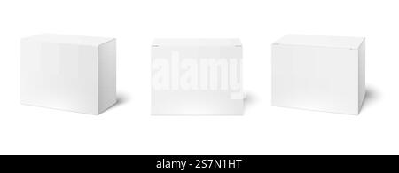 White box mockup. Blank packaging boxes, cube perspective view and cosmetics product package mockups. Cardboard or plastic box or medicine package. Realistic 3d vector illustration isolated icons set. White box mockup. Blank packaging boxes, cube perspective view and cosmetics product package mockups 3d vector illustration set Stock Vector