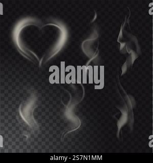 collection of different realistic high detailed smokes from hot food or drink isolated on transparent background. Set of high detailed smokes from hot food or drink isolated on transparent background Stock Vector
