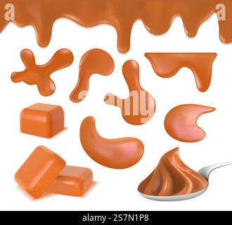Realistic toffee melted caramel border, puddles and candy. Peanut butter on spoon, dripping milk caramel cream, drops and swirl vector set. Illustration of pouring flow toffee, peanut drop dessert. Realistic toffee melted caramel border, puddles and candy. Peanut butter on spoon, dripping milk caramel cream, drops and swirl vector set Stock Vector