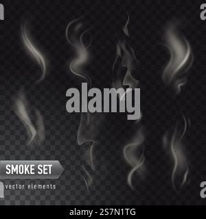 collection of different realistic high detailed smokes from hot food or drink isolated on transparent background. Set of high detailed smokes from hot food or drink isolated on transparent background Stock Vector