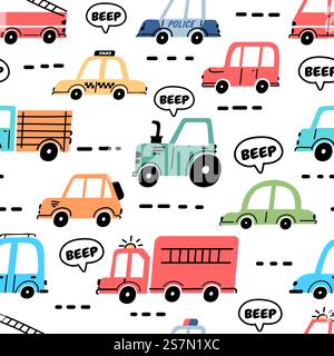 Cartoon cars seamless pattern with truck, police and fire engine. Baby toy transport on road wallpaper for nursery. Car traffic vector print. Different vehicles in jam, making sound beep Stock Vector