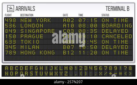 Airport scoreboard. Digital LED board font, arrivals and departures signs. Departure railway information, arrival abc and numbers info display realistic symbols vector illustration. Airport scoreboard. Digital LED board font, arrivals and departures signs realistic vector illustration Stock Vector