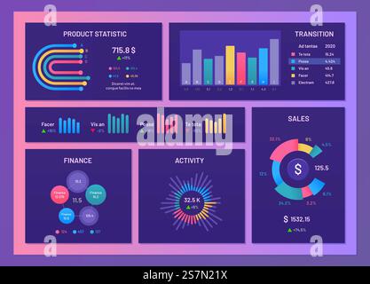 Digital dashboard. Finance report diagrams, market data graphs and gradient charts infographic template. Future tech screen interface, cyberspace monitor, graphic data display vector illustration set. Digital dashboard. Finance report diagrams, market data graphs and gradient charts infographic template vector illustration Stock Vector