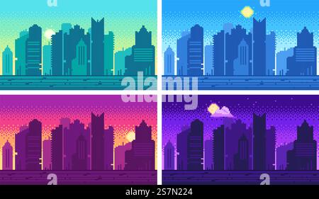 Pixel art cityscape. Town street 8 bit city landscape, night and daytime urban arcade game location. Pixels building or pixelated game architecture dark scene isolated set. Pixel art cityscape. Town street 8 bit city landscape, night and daytime urban arcade game location Stock Vector