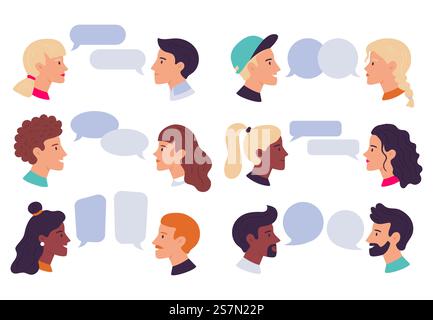 Speaking people. Couple conversation, dialogue bubbles and chat avatars profile portraits talk together. Social community, dictionary talking or speech chatting. Isolated vector illustration icons set. Speaking people. Couple conversation, dialogue bubbles and chat avatars profile portraits talk together vector illustration set Stock Vector