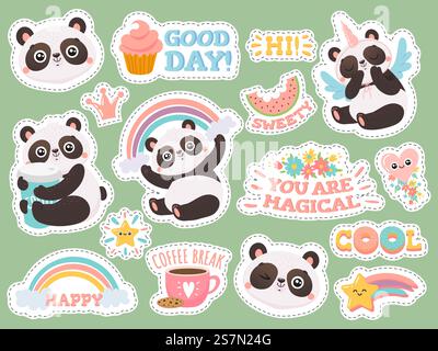 Cute panda stickers. Happy pandas patches, cool animals and winked panda sticker. Bear emotion doodle characters, kawaii comic emoji logo. Isolated vector illustration icons set. Cute panda stickers. Happy pandas patches, cool animals and winked panda sticker vector illustration set Stock Vector
