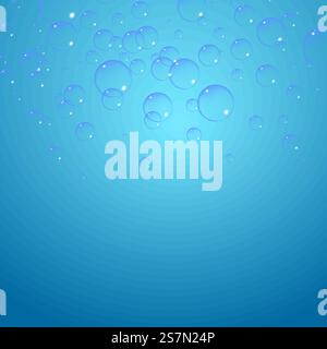 Soap bubbles background. Set of clean water, soap, gas or air bubbles with reflection on blue gradient background. Realistic underwater vector illustration.. Soap bubbles background, vector illustration. Set of clean water, soap, gas or air bubbles with reflection on blue gradient background. Realistic underwater. Stock Vector