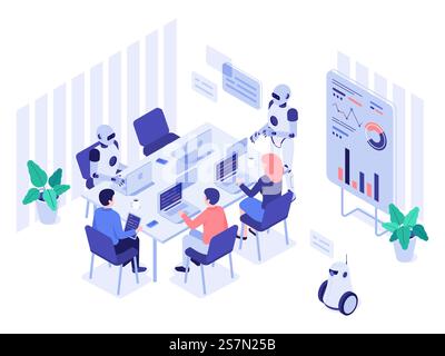 Robot and human office workers. Robotic worker, humans and robots work together in futuristic workplace. Ai programmer or cyborg illustrator working with people isometric vector illustration. Robot and human office workers. Robotic worker, humans and robots work together in futuristic workplace isometric vector illustration Stock Vector