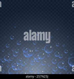Soap bubbles background. Set of clean water, soap, gas or air bubbles with reflection on transparent background. Realistic underwater vector illustration.. Soap bubbles background, vector illustration. Set of clean water, soap, gas or air bubbles with reflection on transparent background. Realistic underwater. Stock Vector