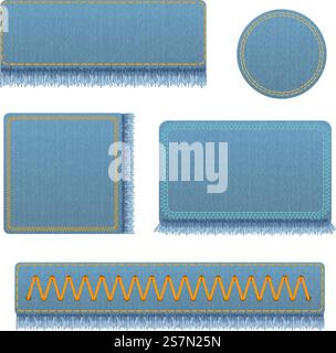 Vector set of realistic banners of jeans. Realistic denim banner with texture and fringe. EPS10. Vector set of realistic banners of jeans. Realistic denim banner with texture and fringe. Stock Vector
