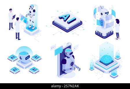 Isometric artificial intelligence. Digital brain neural network, AI servers and robots technology, artificial bot mind and intelligent robotic building. Isolated vector illustration icons set. Isometric artificial intelligence. Digital brain neural network, AI servers and robots technology vector illustration set Stock Vector