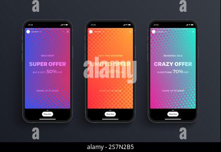 Instagram Stories Social Media Network Carousel Design Template On Photorealistic Iphone Screen Stock Vector