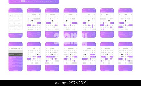 Calendar With To Do List Mobile App UI UX Design Concept Kit On White Background Stock Vector