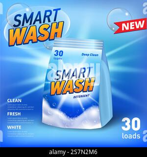 Ad template for laundry detergent in soft package container, with realistic soap foam and soap bubbles. Sun flare light. Vector. Advirtising template for laundry detergent in soft package container, with realistic soap foam and soap bubbles. Sun flare light. Stock Vector
