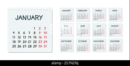 Monthly calendar 2021 in sketchy style on squared notebook page, start on monday. Vector illustration of 12 months 2021 pages.. Monthly calendar 2021 in sketchy style on squared notebook page, start on monday. Vector illustration of 12 months 2021 pages Stock Vector