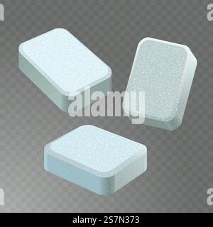 Dishwasher detergent tablet from different angles. White soap tabs isolated on transparent background. Realistic vector illustration. Dishwasher detergent tablet from different angles. White soap tabs isolated on transparent background. Stock Vector