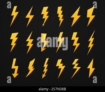 Yellow lightning silhouette. Electrical power high voltage, thunderbolt flash and energy lightnings silhouettes icons. Electricity bolts, zigzag thunder flash shape. Vector isolated symbols set. Yellow lightning silhouette. Electrical power high voltage, thunderbolt flash and energy lightnings silhouettes icons vector set Stock Vector