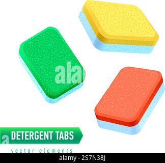 Dishwasher detergent tablet from different angles. Colored soap tabs isolated on white background. Realistic vector illustration. Dishwasher detergent tablet from different angles. Colored soap tabs isolated on white background. Stock Vector