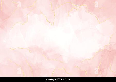 Abstract dusty blush liquid watercolor background with gold lines. Pastel rose marble alcohol ink drawing effect and golden foil cracks. Vector illustration design for wedding invitation.. Abstract dusty blush liquid watercolor background with gold lines. Pastel rose marble alcohol ink drawing effect and golden foil cracks. Vector illustration design for wedding invitation Stock Vector