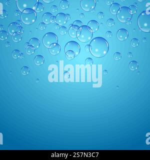 Soap bubbles background. Set of clean water, soap, gas or air bubbles with reflection on blue gradient background. Realistic underwater vector illustration.. Soap bubbles background, vector illustration. Set of clean water, soap, gas or air bubbles with reflection on blue gradient background. Realistic underwater. Stock Vector