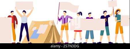 Protesters people. Protest strike, protesting group holding protests banners and protester activist. People cheering protesting, crisis riot demonstration or politics revolution vector illustration. Protesters people. Protest strike, protesting group holding protests banners and protester activist vector illustration Stock Vector