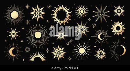 Vector golden set of mystical magic different sun and moon. Spiritual occultism objects, trendy style. Elements template for posters, prints, patterns, illustrations and logos. Stock Vector