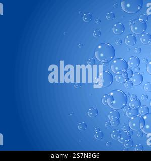 Soap bubbles background. Set of clean water, soap, gas or air bubbles with reflection on blue gradient background. Realistic underwater vector illustration.. Soap bubbles background, vector illustration. Set of clean water, soap, gas or air bubbles with reflection on blue gradient background. Realistic underwater. Stock Vector