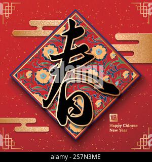 Chinese new year design, vintage spring word written in Chinese calligraphy on the floral spring couplet with golden cloud pattern, fortune in the Chinese word. Chinese new year design Stock Vector