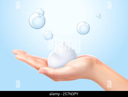 Realistic close up of foam in female hand, isolated on light blue background, 3d illustration. Cleaning hands with creamy foam Stock Vector