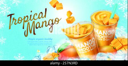 Mango smoothie banner ads with ice cubes on freezing snowflakes background in 3d illustration. Mango smoothie banner ads Stock Vector