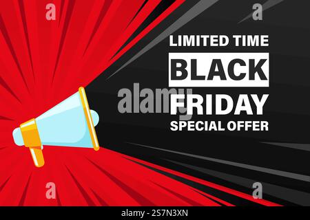 A loudly shouting megaphone informs customers of a blackfriday discount promotion on the weekend. On the background of comic light rays Stock Vector